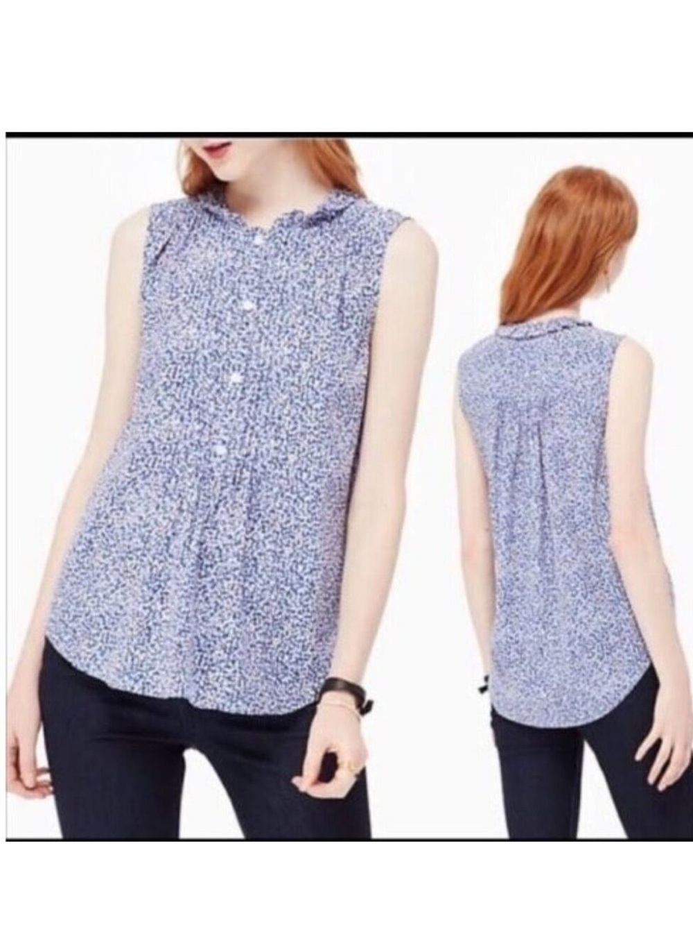 Kate Spade Blue Ditsy Print Sleeveless Silk Blend Top Size Small